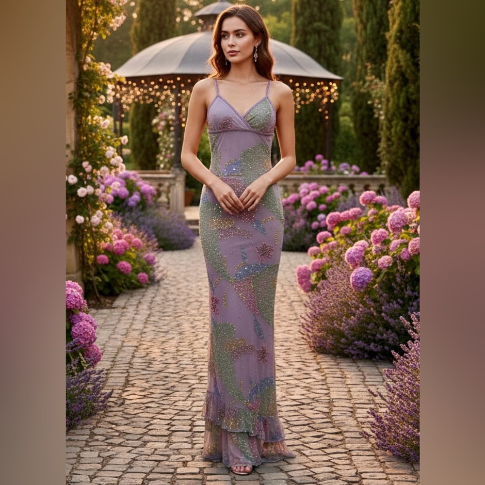 Elegant Lavender multicolor‎ hand beaded Evening Gown